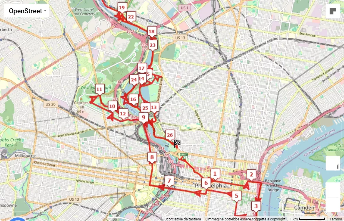 Philadelphia Marathon, 42.195 km race course map