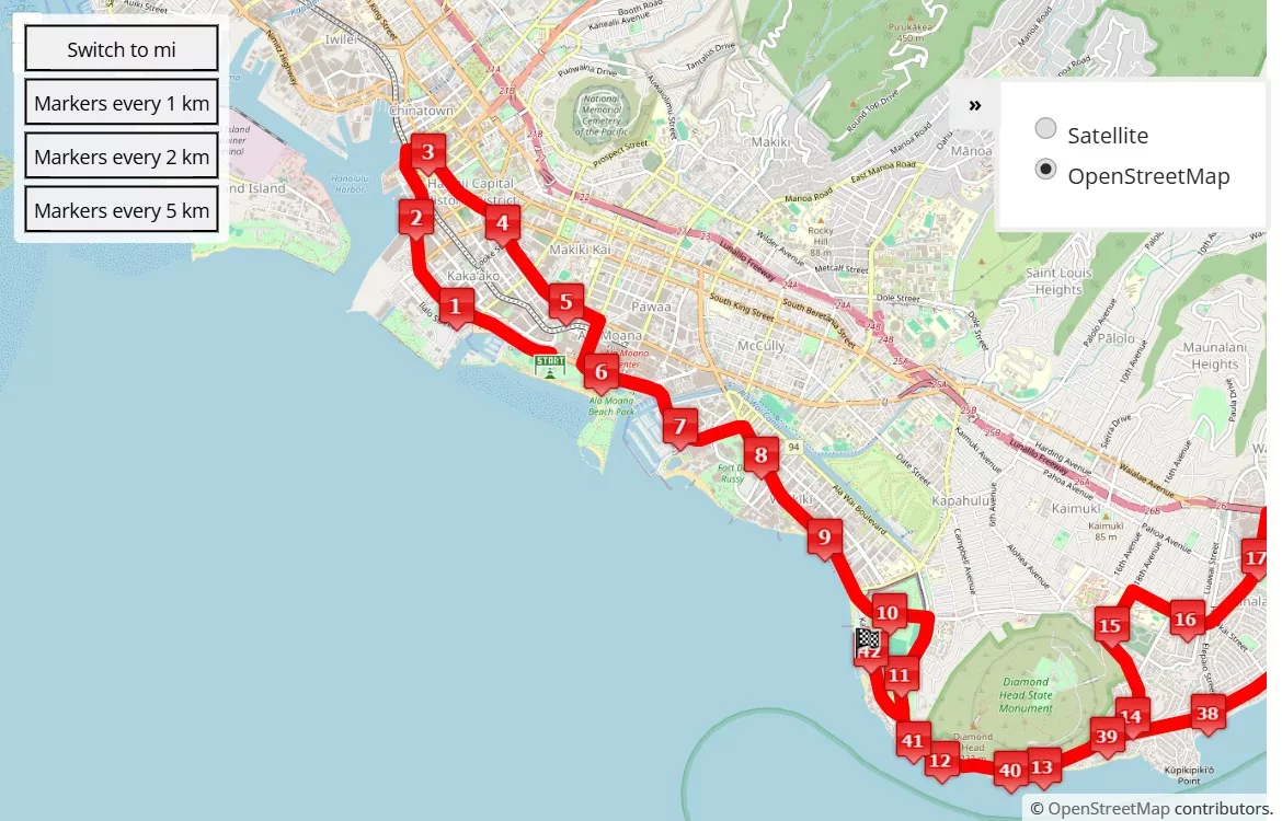 Honolulu Marathon 2024, 42.195 km race course map