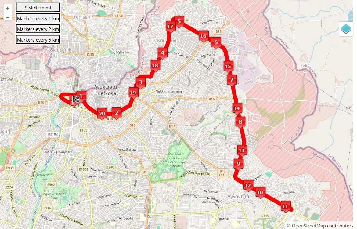 Quantum Nicosia Marathon, 21.0975 km race course map