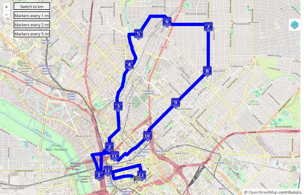 BMW Dallas Marathon, mappa percorso gara 21.0975 km