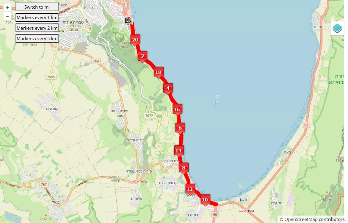 Sea of Galilee Winner Marathon 2025, 21.0975 km race course map