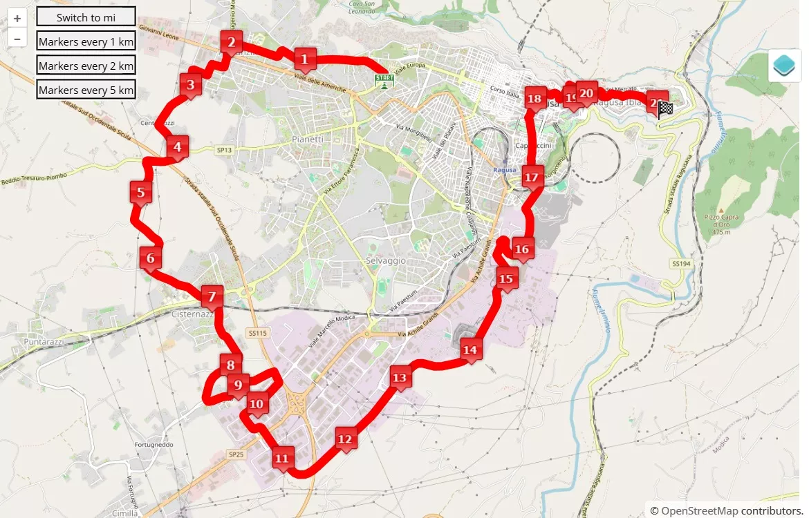 Maratona di Ragusa 2025, 21.0975 km race course map