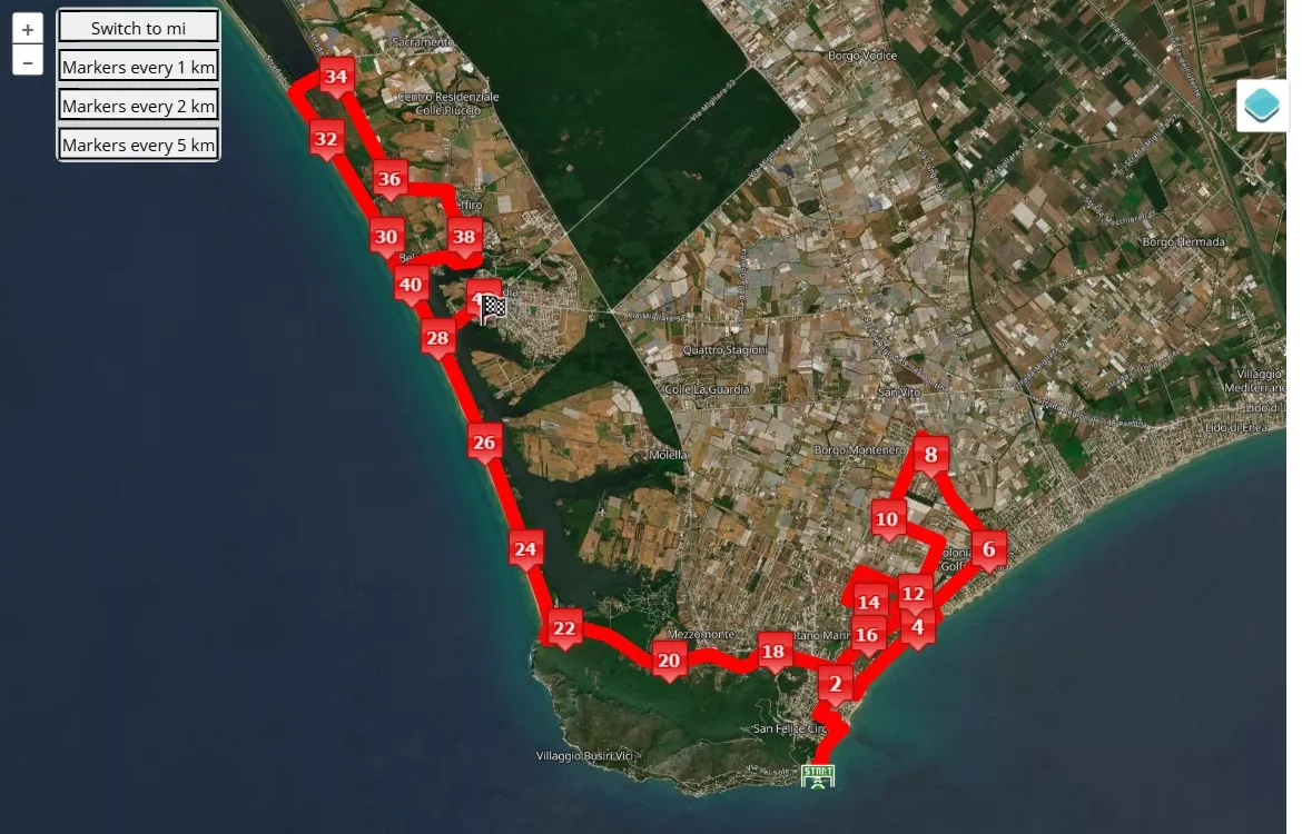 mappa percorso di gara Maratona Maga Circe 2025