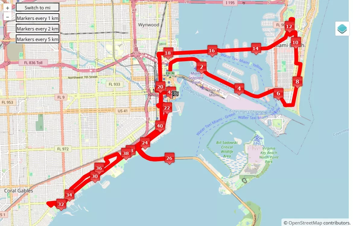 mappa percorso di gara Life Time Miami Marathon 2025