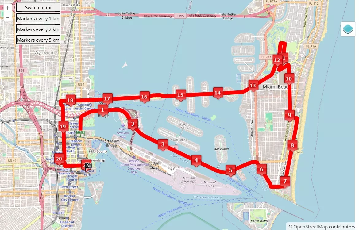 Life Time Miami Marathon 2025, 21.0975 km race course map