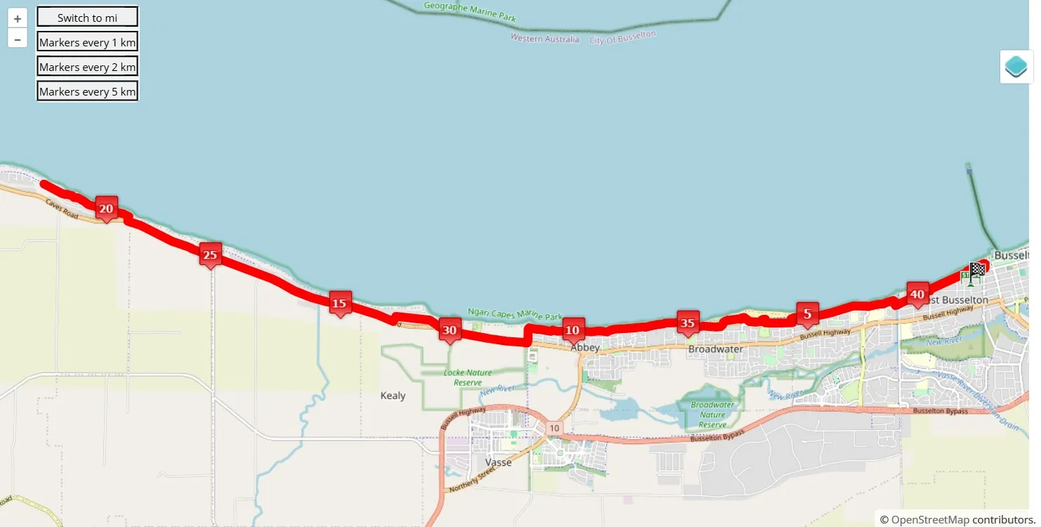 Busselton Marathon 2025, 42.195 km race course map