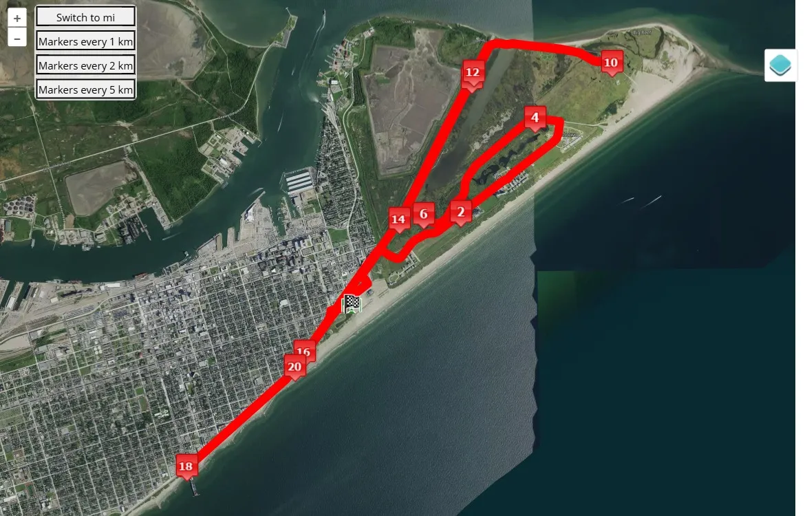 Galveston Marathon 2025, 21.0975 km race course map