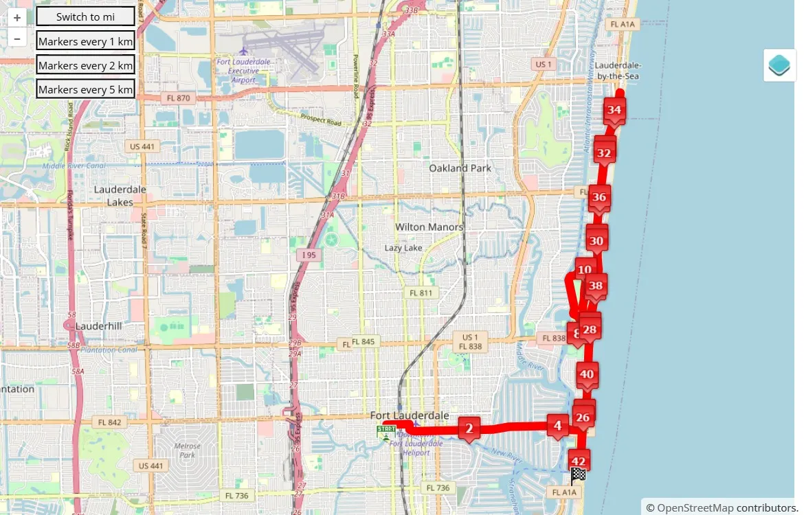 race course map Publix Fort Lauderdale A1A Marathon 2025