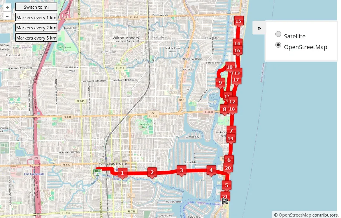 Publix Fort Lauderdale A1A Marathon 2025, 21.0975 km race course map