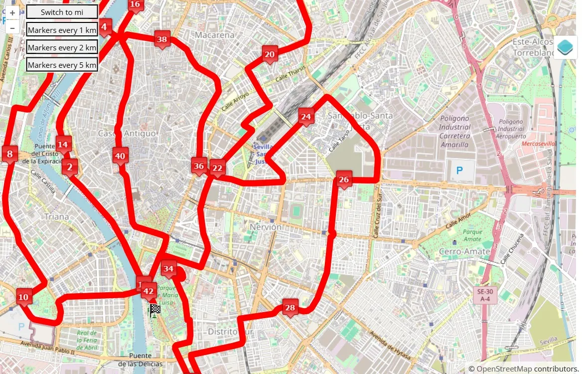 Zurich Maratón de Sevilla 2025, 42.195 km race course map