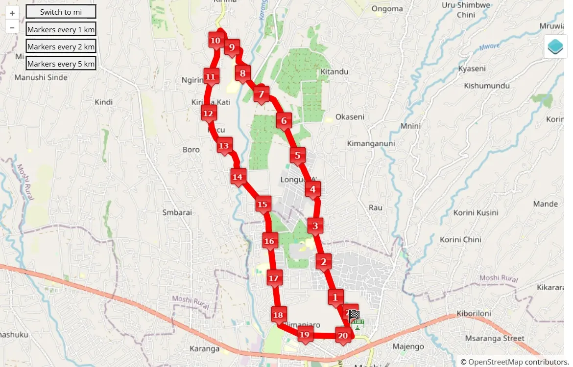 Kilimanjaro International Marathon 2025, 21.0975 km race course map