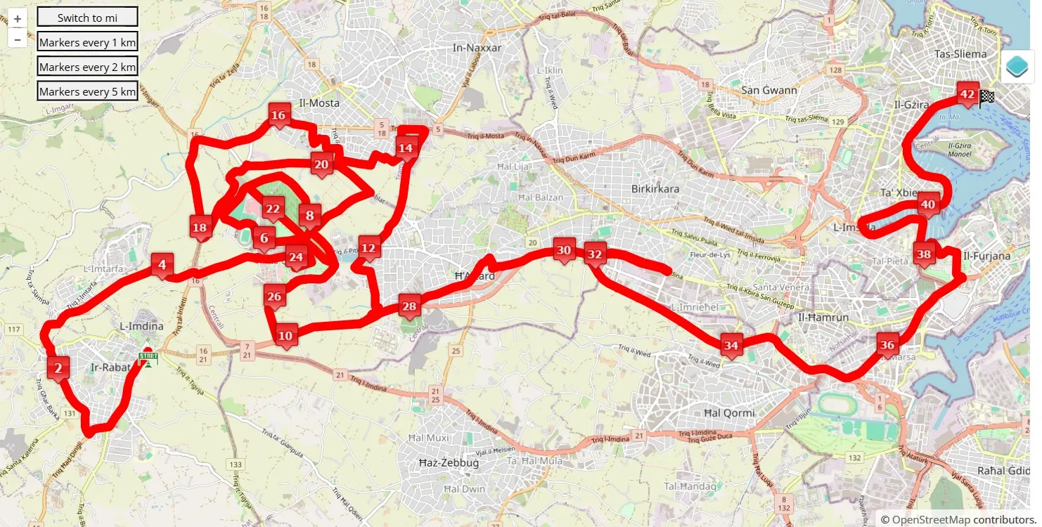 race course map Malta Marathon 2025