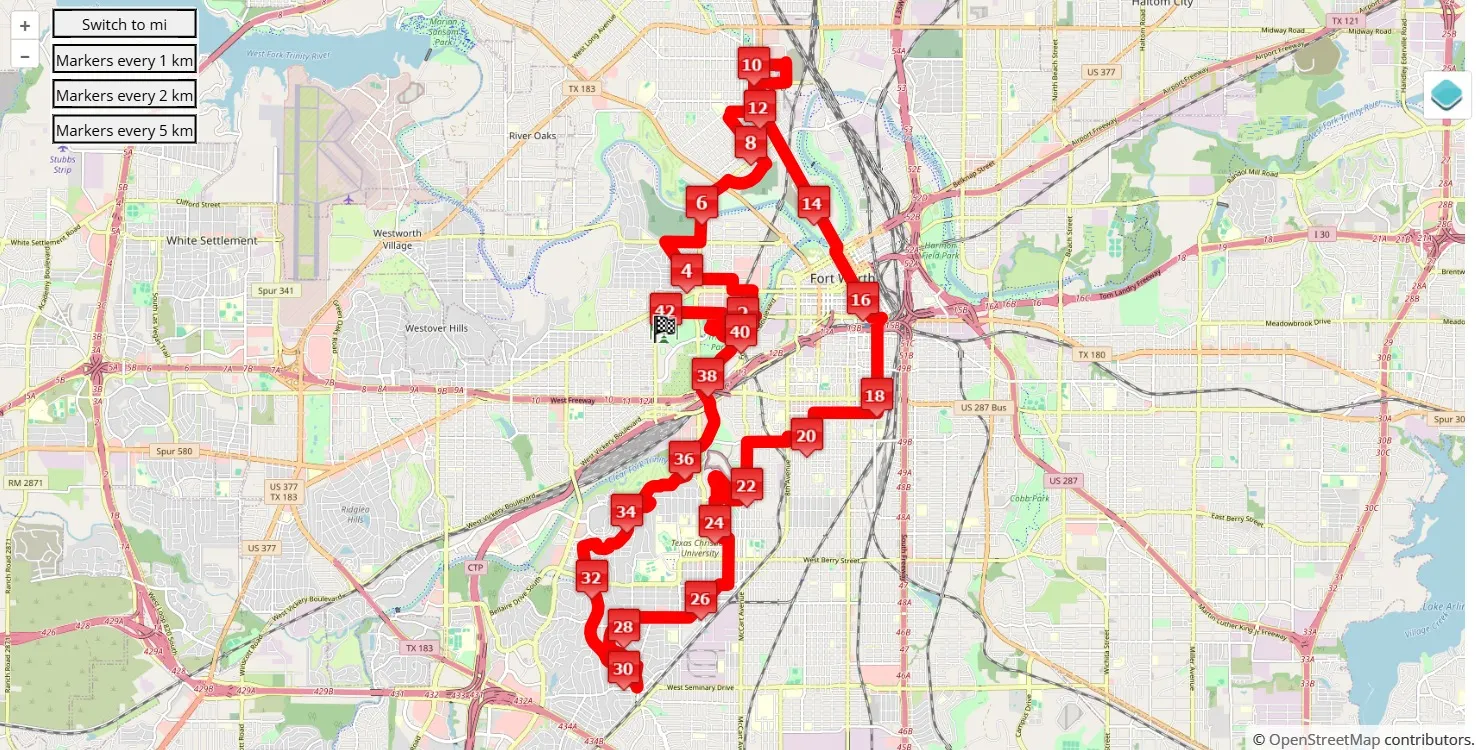 Cowtown Marathon 2025, 42.195 km race course map