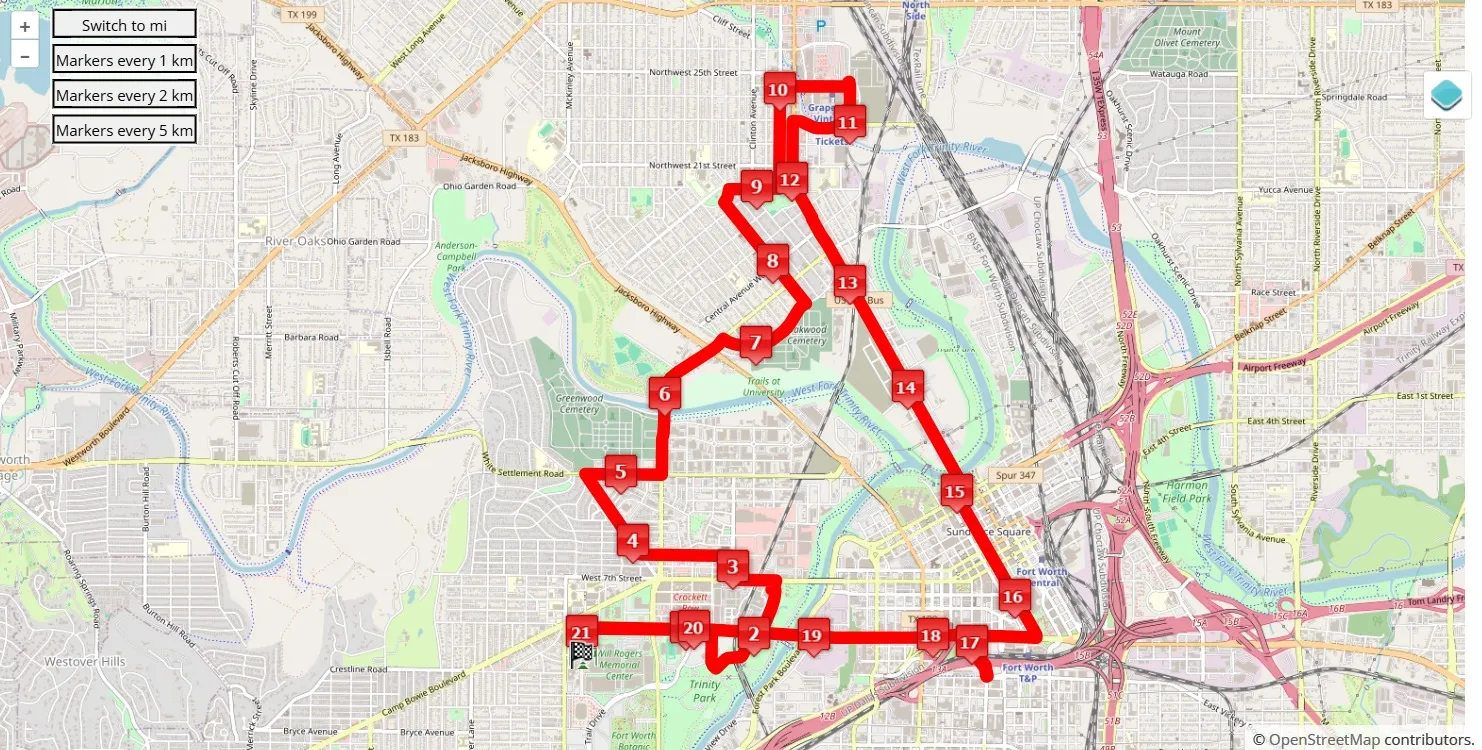 Cowtown Marathon 2025, 21.0975 km race course map