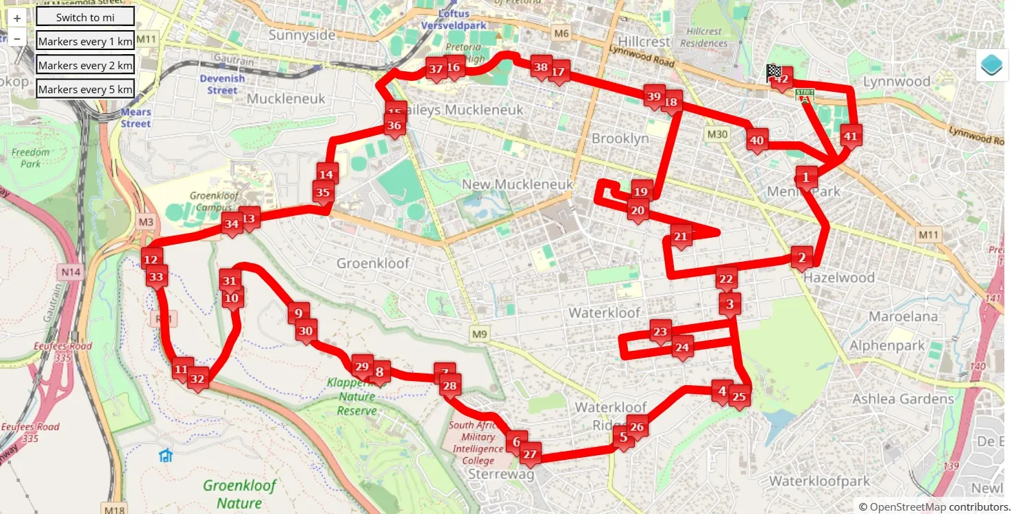 Pretoria Marathon 2025, 42.195 km race course map