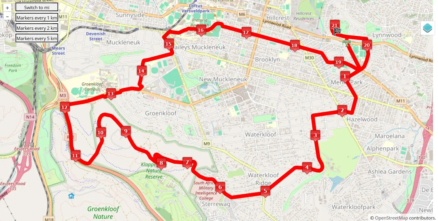 Pretoria Marathon 2025, 21.0975 km race course map