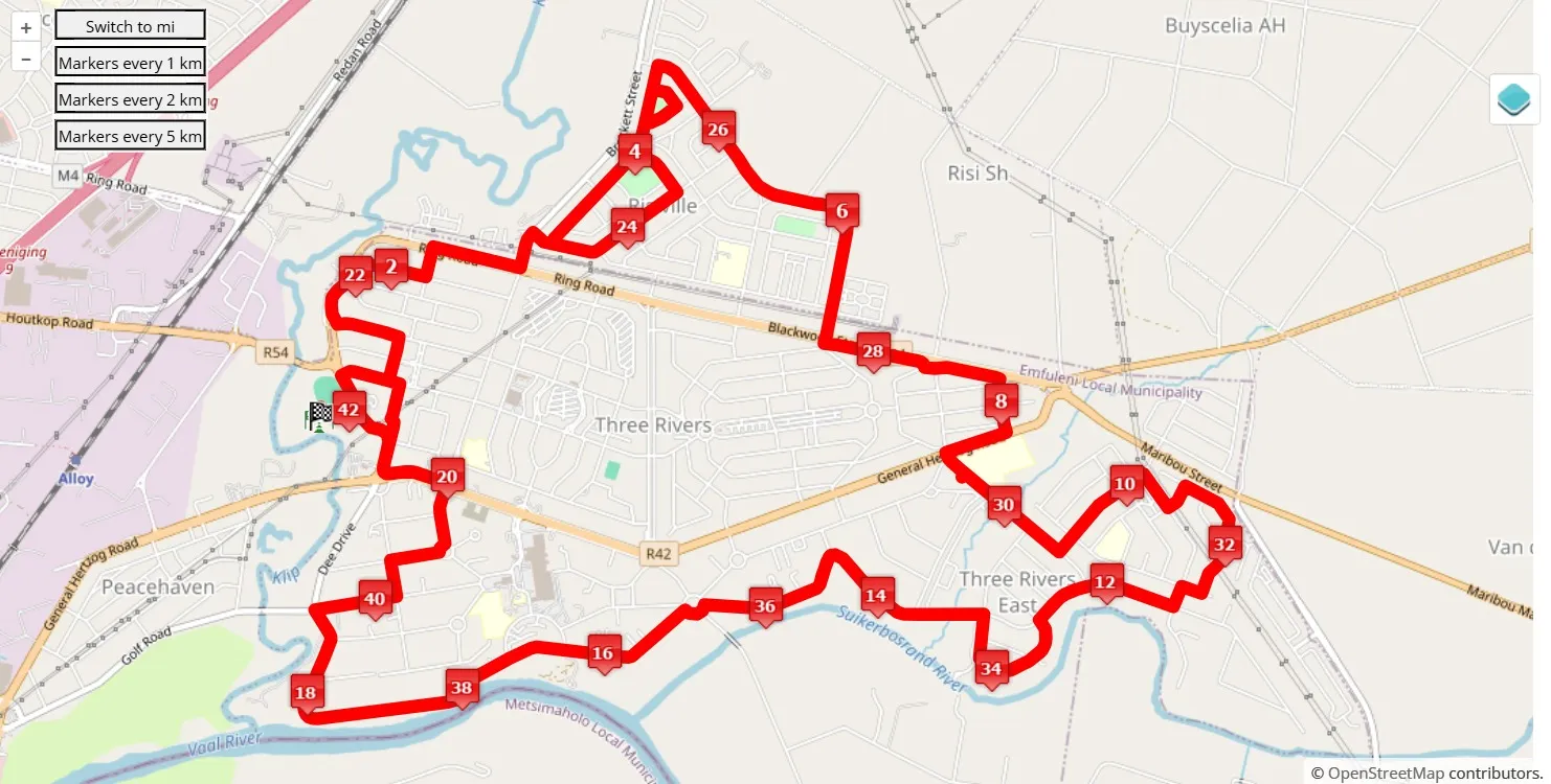 Cape Gate Vaal Marathon 2025, 42.195 km race course map