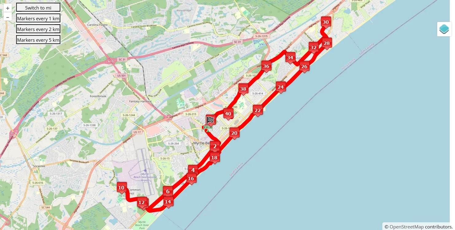 Myrtle Beach Marathon 2025, mappa percorso gara 42.195 km