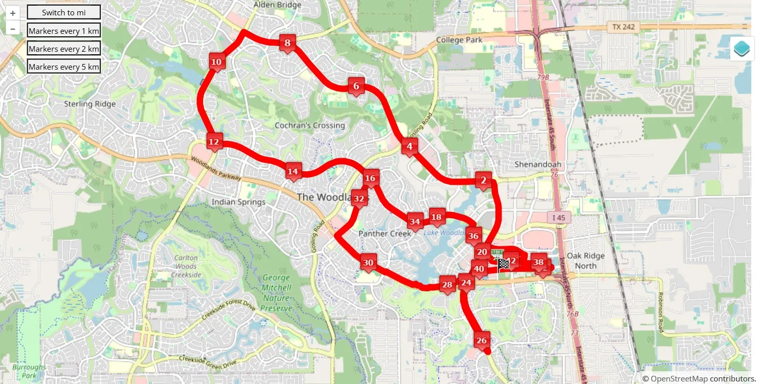 The Woodlands Marathon 2025, 42.195 km race course map