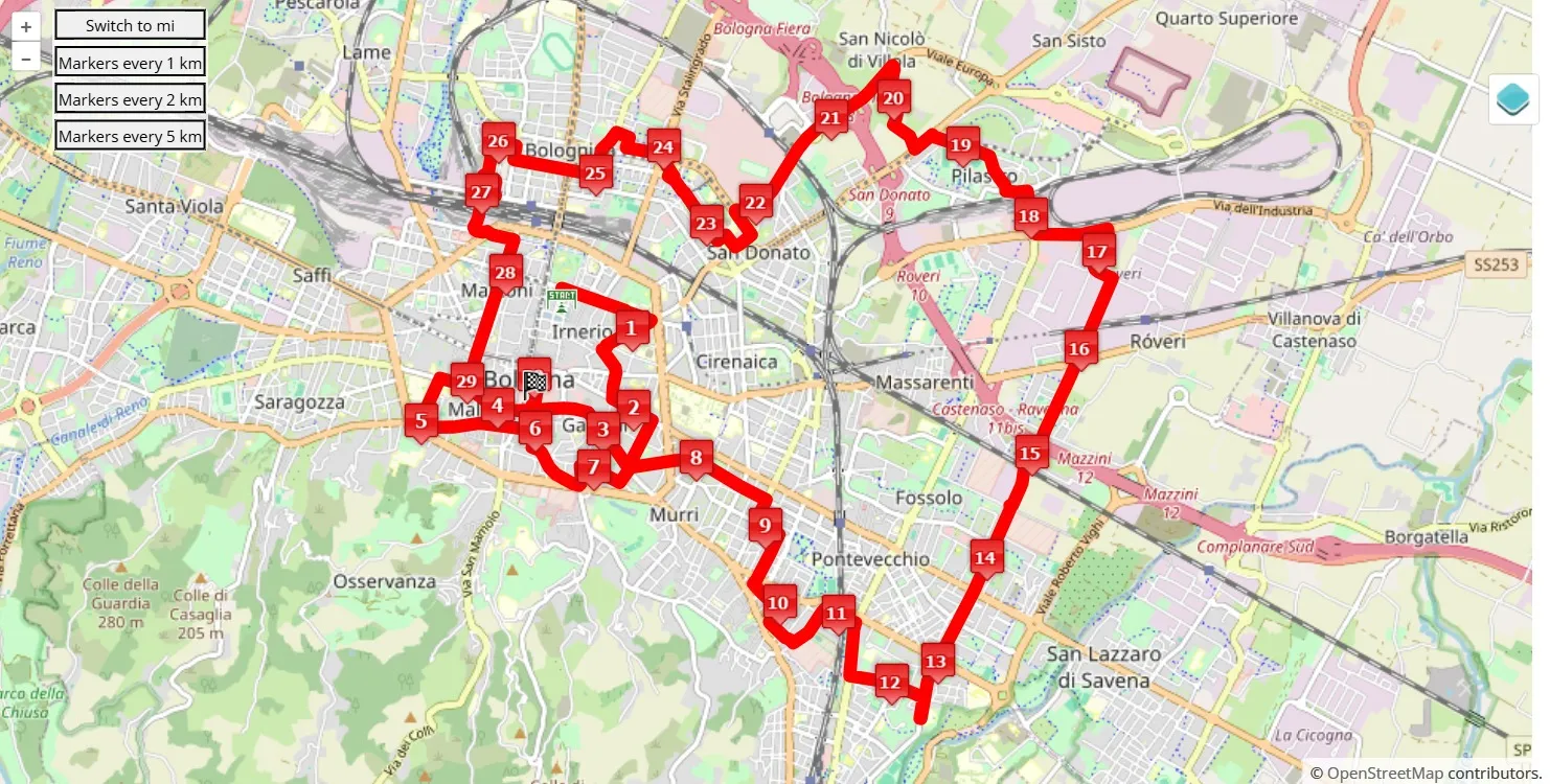 Termal Bologna Marathon 2025, 30 km race course map