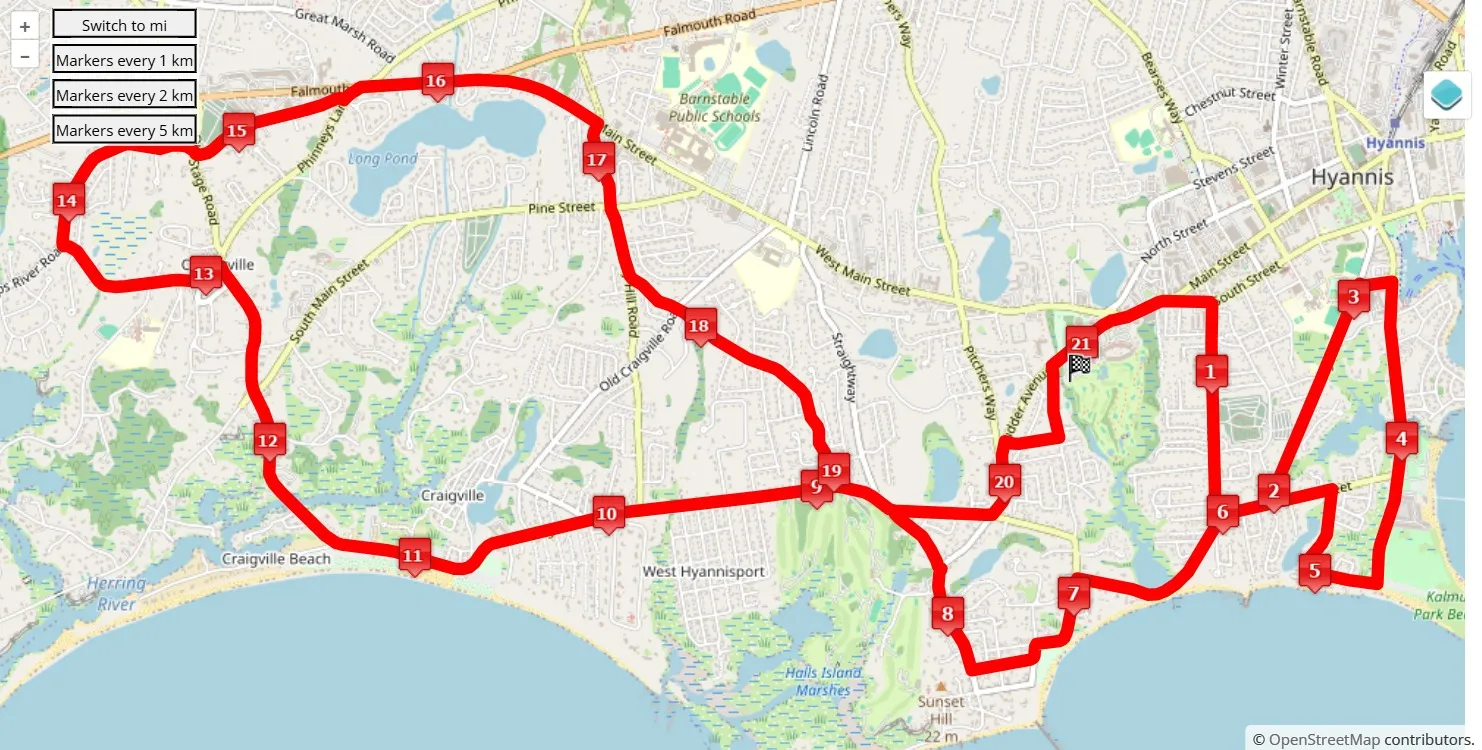 Hyannis Marathon 2025, 42.195 km race course map