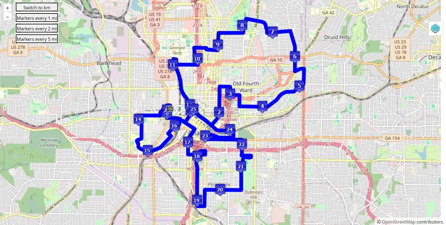 Publix Atlanta Marathon 2025, 42.195 km race course map