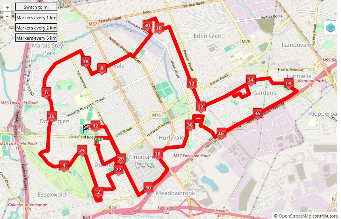 Edenvale Marathon 2025, 42.195 km race course map