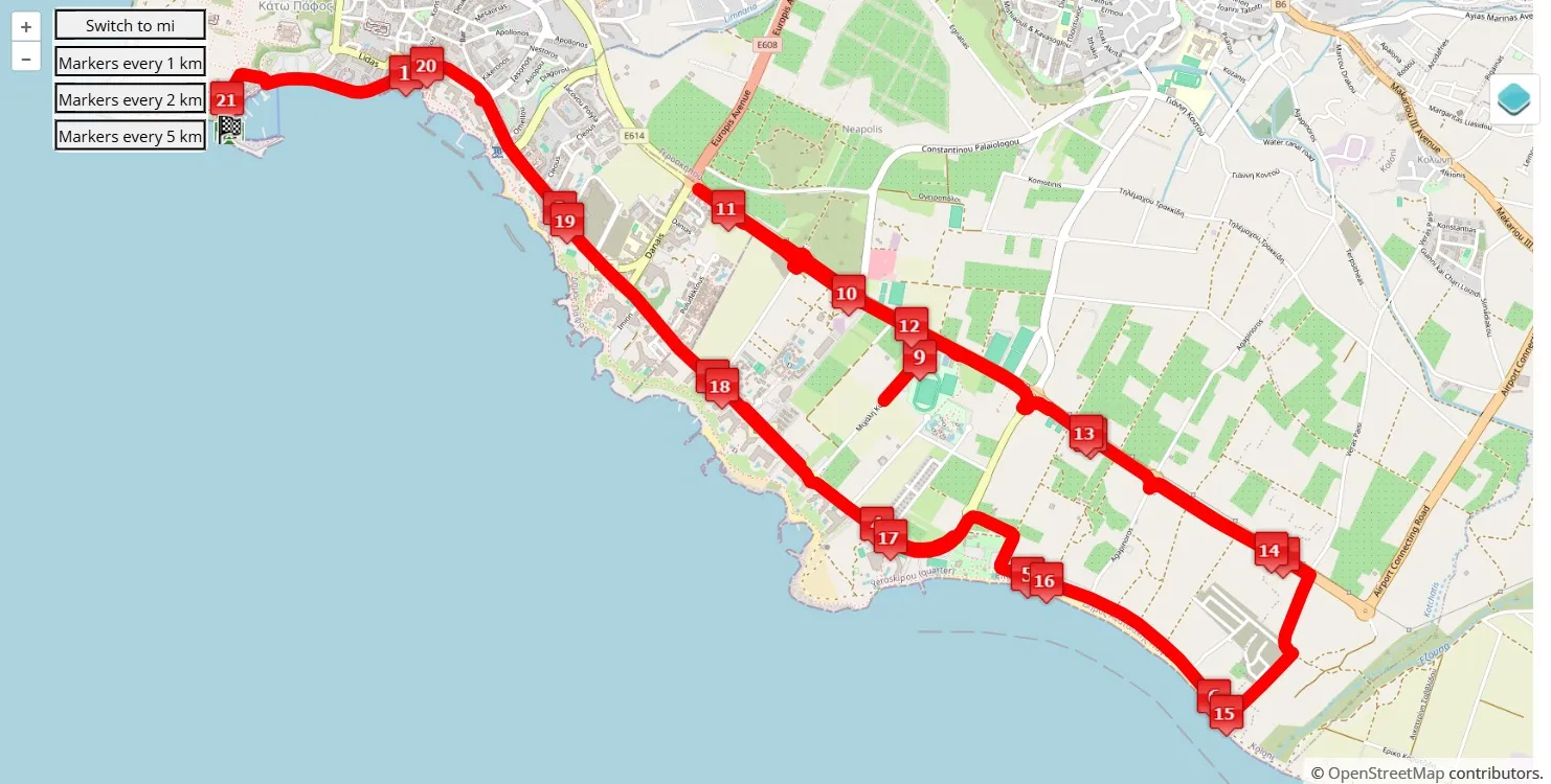 Logicom Cyprus Marathon 2025, 21.0975 km race course map