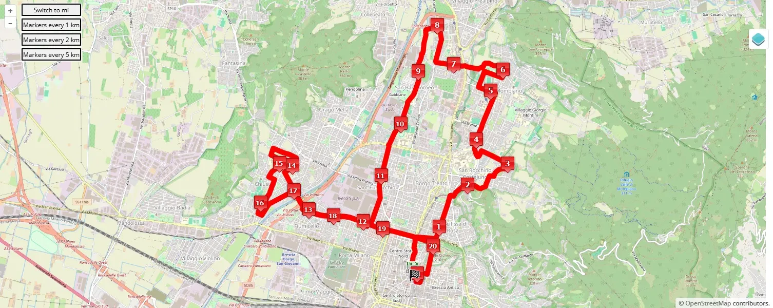 Brescia Art Marathon 2025, 21.0975 km race course map