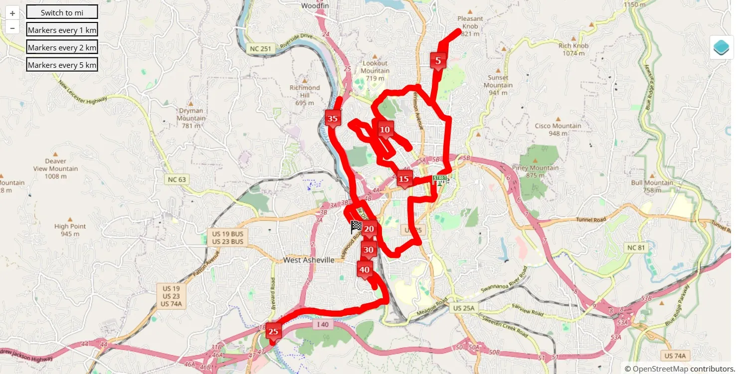 race course map Asheville Marathon & Half 2025