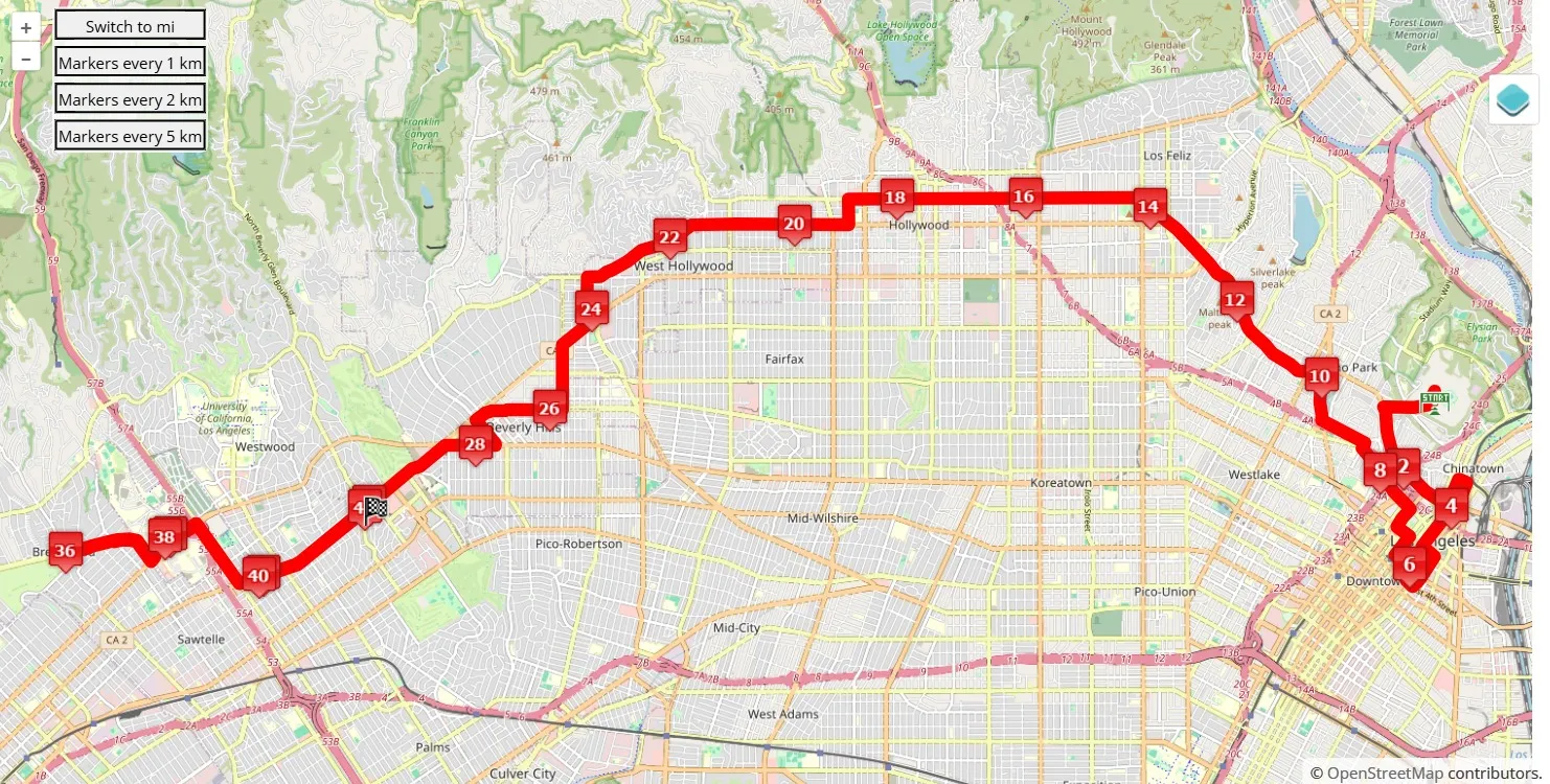 Los Angeles Marathon 2025, 42.195 km race course map