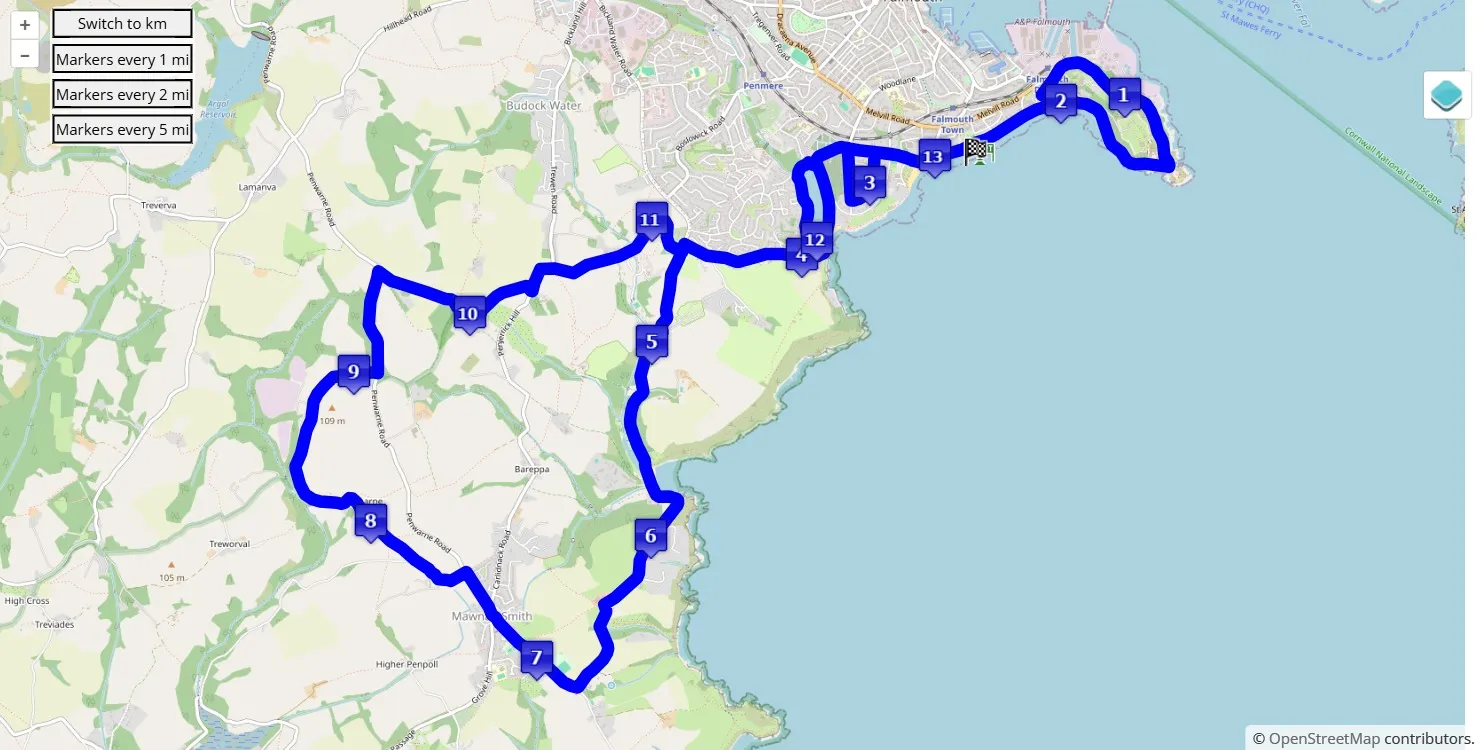 Run Falmouth Half Marathon 2025, mappa percorso gara 21.0975 km