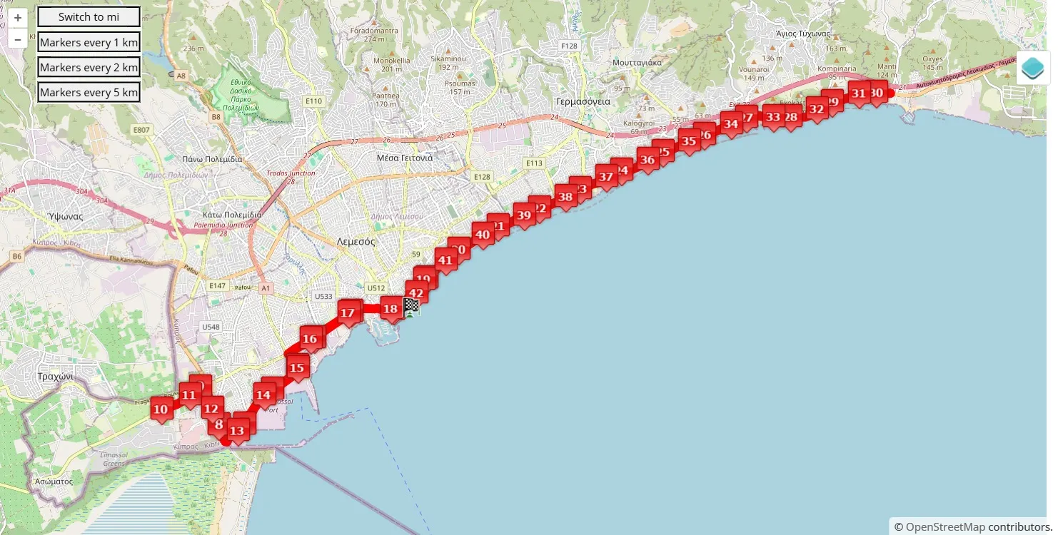 race course map Opap Limassol Marathon 2025