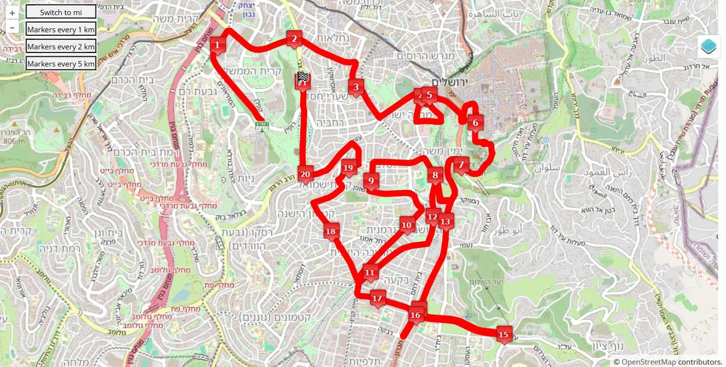 Jerusalem Marathon 2025, 21.0975 km race course map