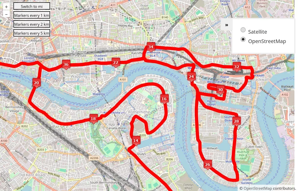 mappa percorso di gara TCS London Marathon 2025